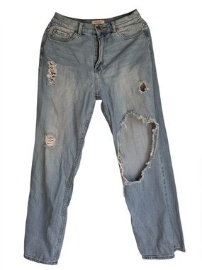 Vibrant Light Blue distressed Denim Jeans with Red vibrant logo Tag